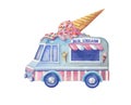 ice cream van. ice cream car. dessert car. blue van. watercolor drawing